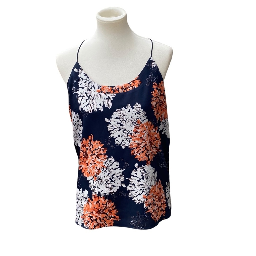 The Limited Satin Floral Tank Large Strappy Back Navy Blue Orange& White Flower‎